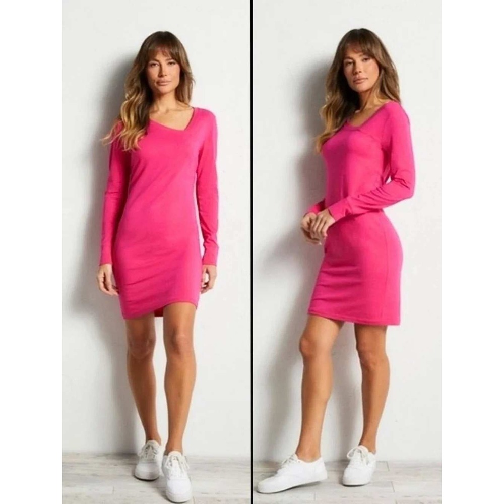 Anatomie S Hattie Dress Fuchsia Asymmetric Neckline Long Sleeve Travel Cotton